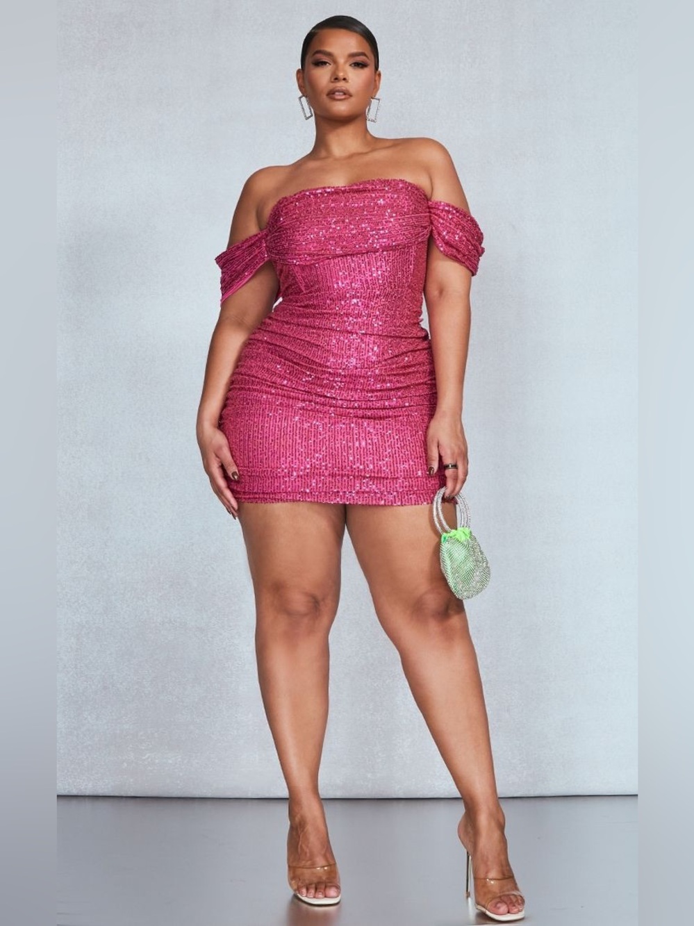 Pretty Little Thing Hot Pink Sequin Bardot Party Cocktail Dress Size 22